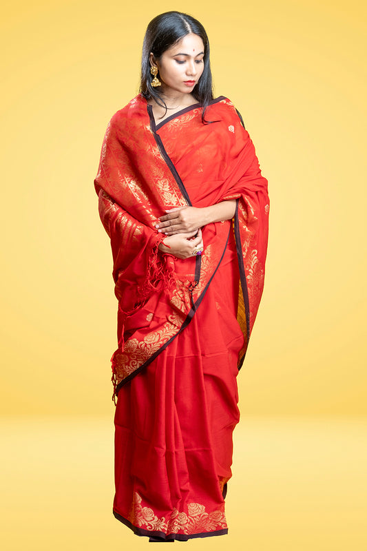 Scarlet Elegance Veil - Cotton Benarasi Saree