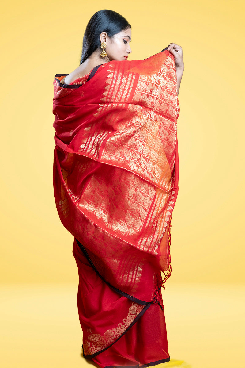 Scarlet Elegance Veil - Cotton Benarasi Saree