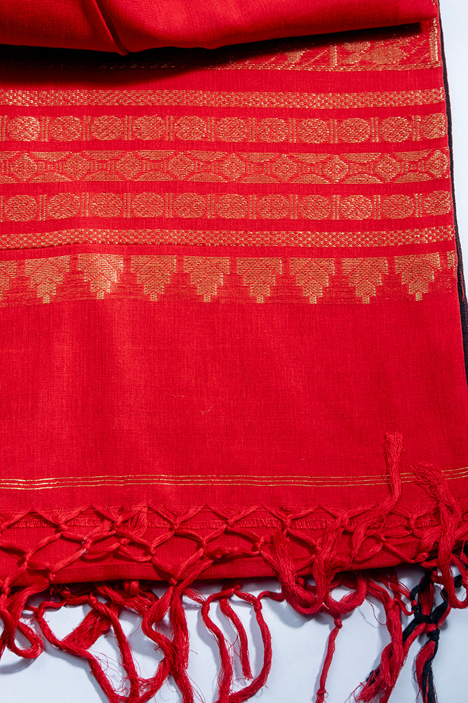 Scarlet Elegance Veil - Cotton Benarasi Saree