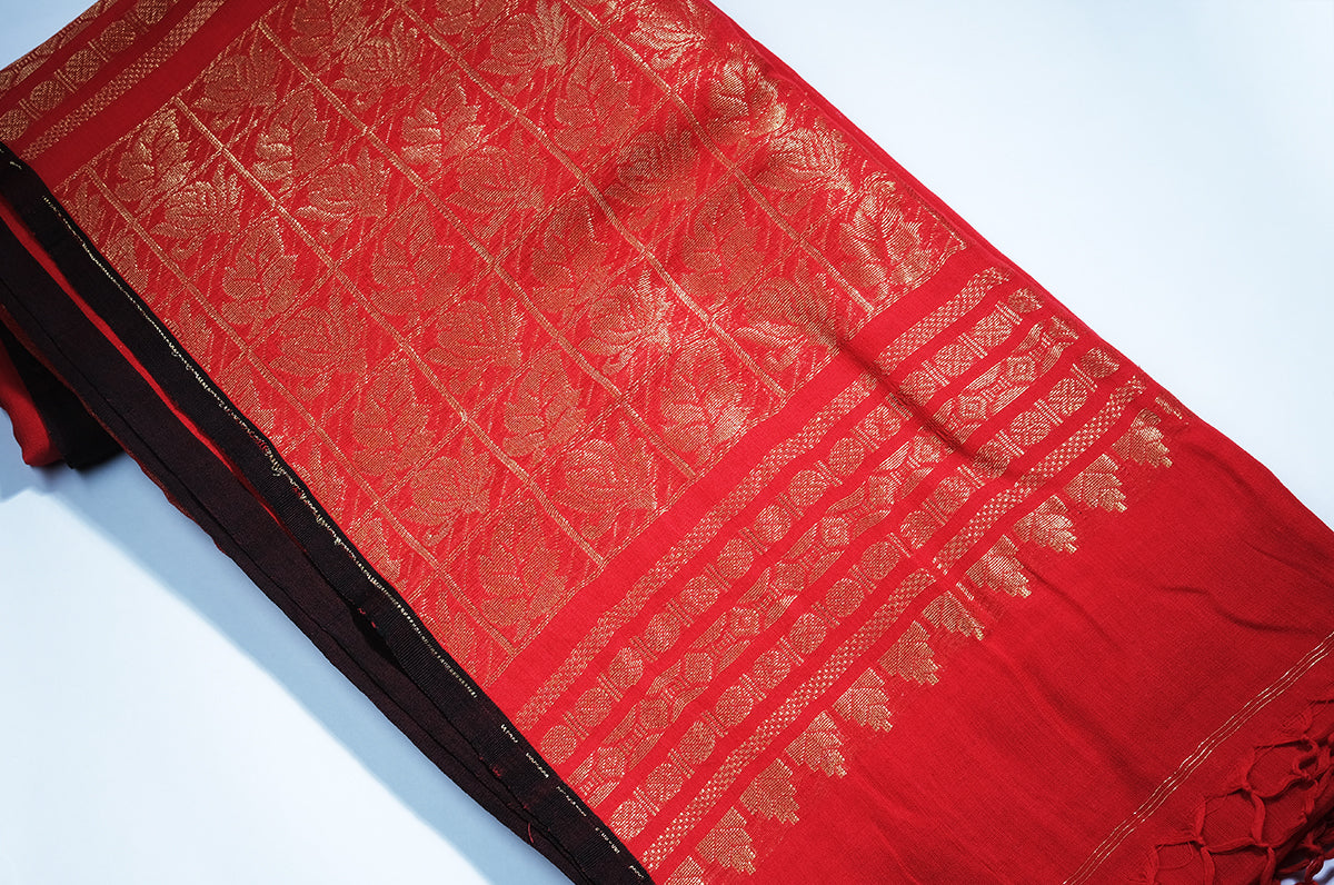 Scarlet Elegance Veil - Cotton Benarasi Saree